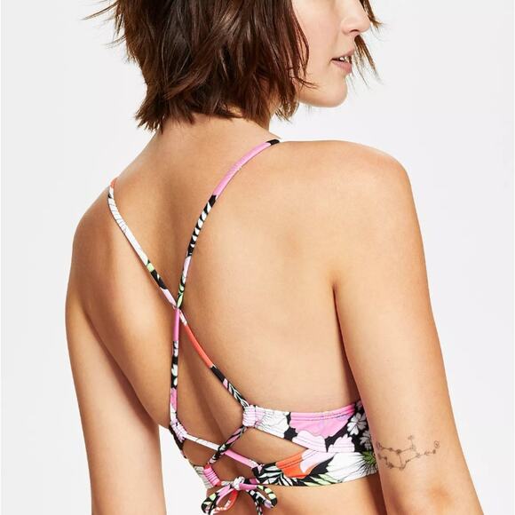 Salt+Cove Women Floral Print Shirred Tied Front Longline Swim Bikini Top Size S - Picture 2 of 7